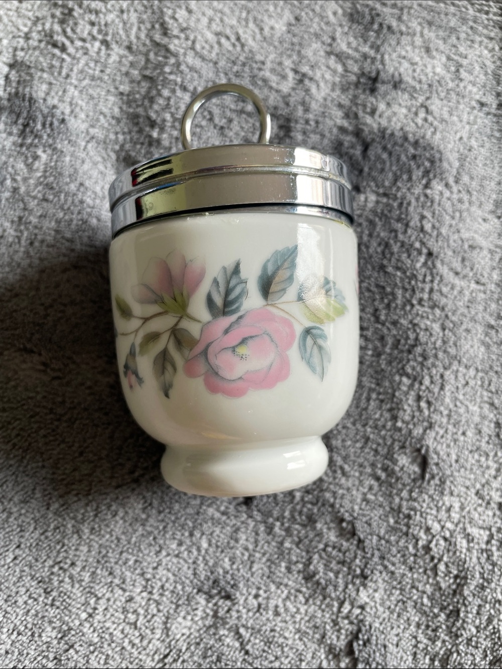vintage Royal Worcester Porcelain Egg Cup with Pink Floral Motif and Silver Lid